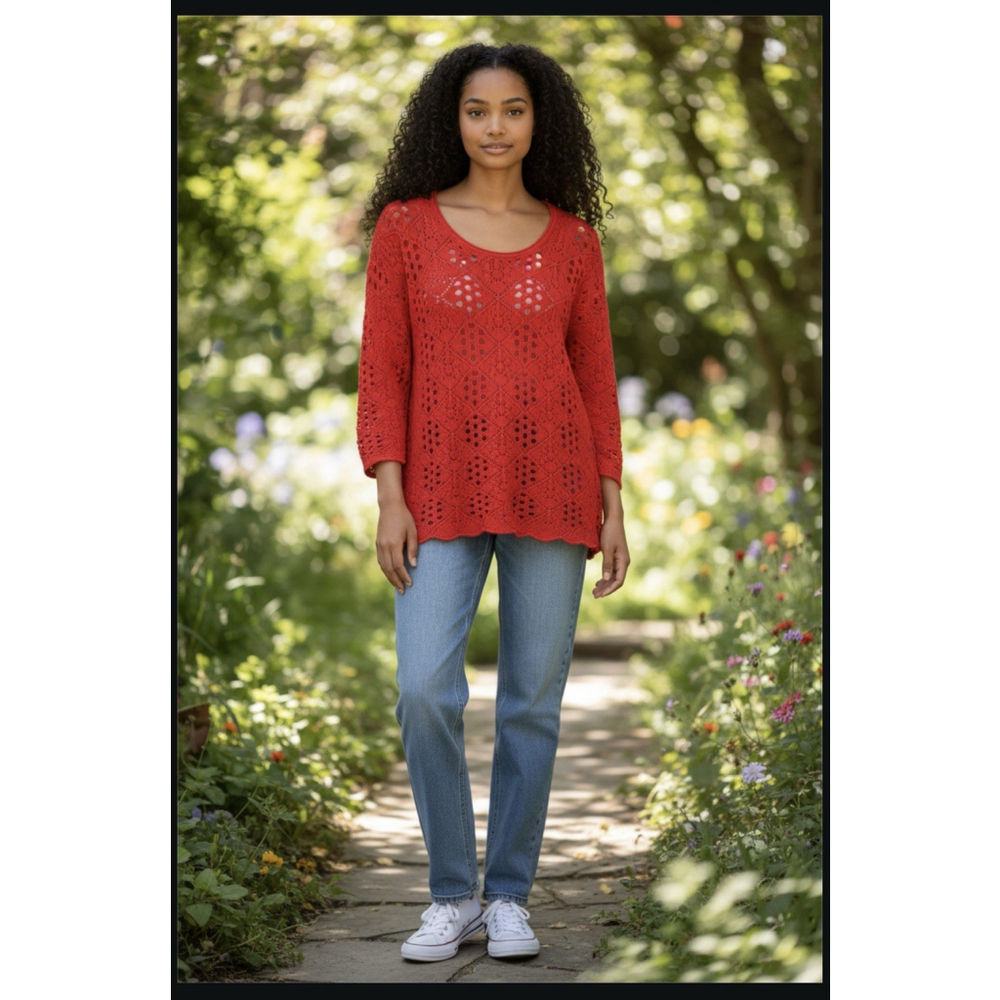 MK Christina Orange Rayon Cotton Blend Crochet Sleeve Overlay Blouse XL